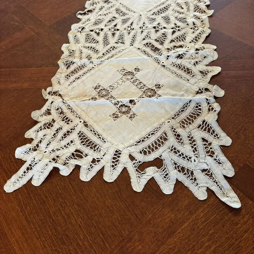 Antique Table Runner Dresser Scarf 50” X 15” Battenburg Lace hand stitched